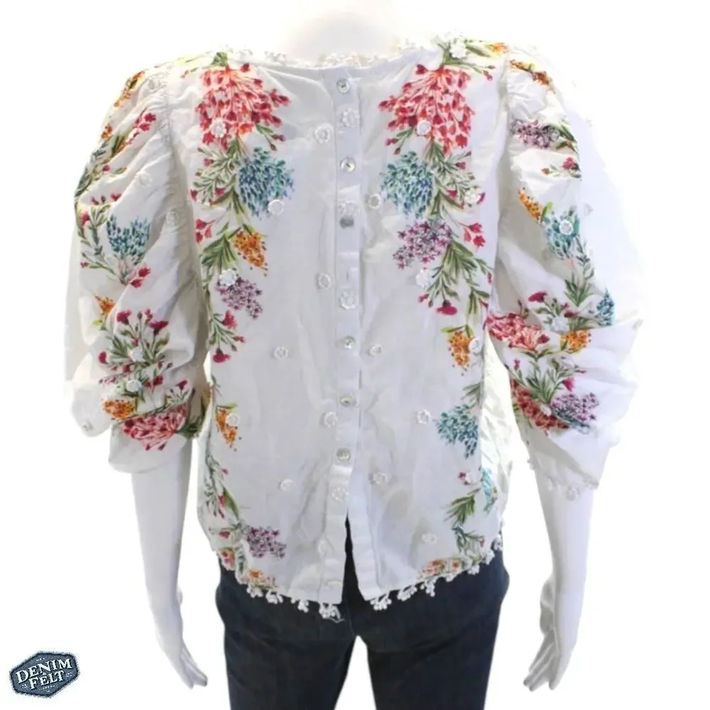 FARM‎ RIO Women’s Louise Floral Print Puff Sleeve Button Up Top In Multi Color
